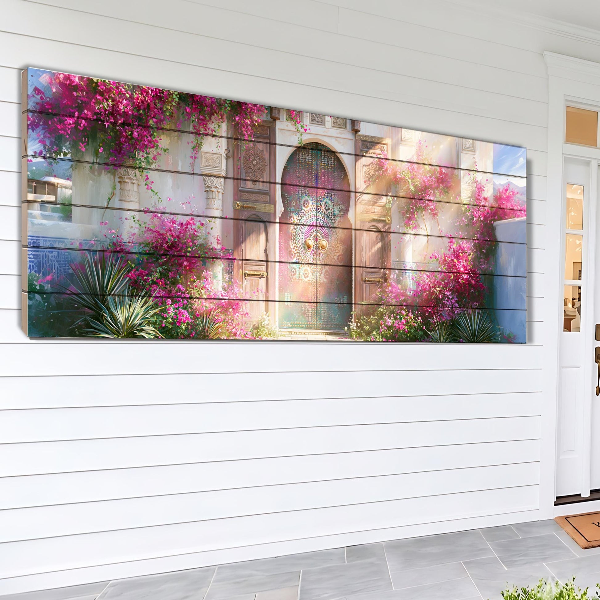 A large, colorful painting depicting a vibrant garden scene with pink flowers, a blue archway, and lush greenery.