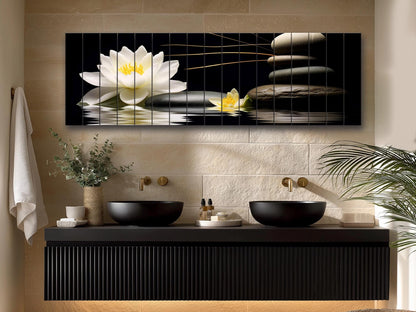 White Lily Wood Print – Natural Wood Wall Art | Zen Spa Decor on Black Background
