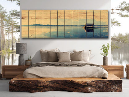 Lakeside Bench Wall Art – Panoramic Lake Landscape on Natural Wood Panel