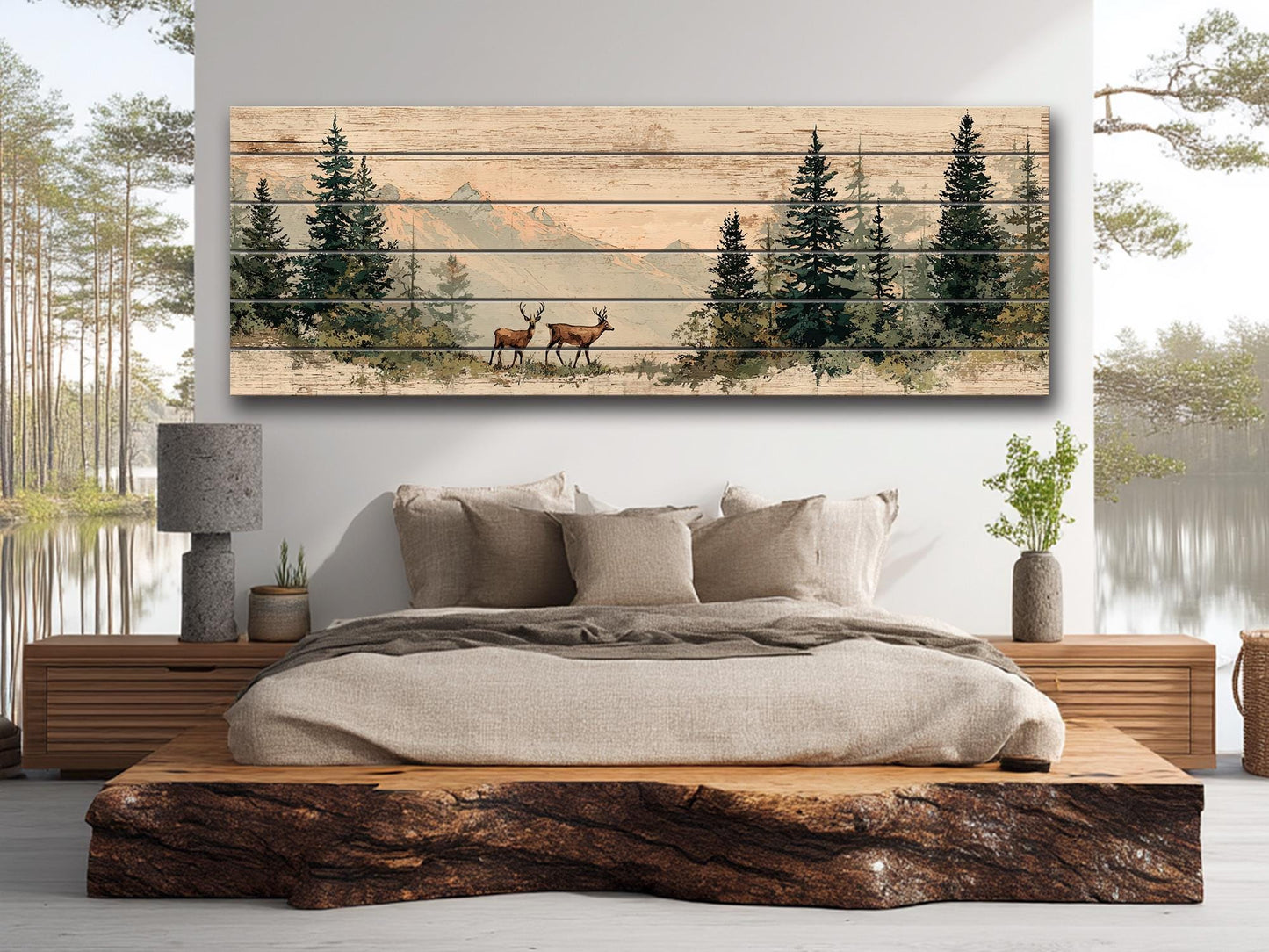 Rustic Hunting Wall Art – Deer Wood Print on Natural Grain Wooden Wall Decor