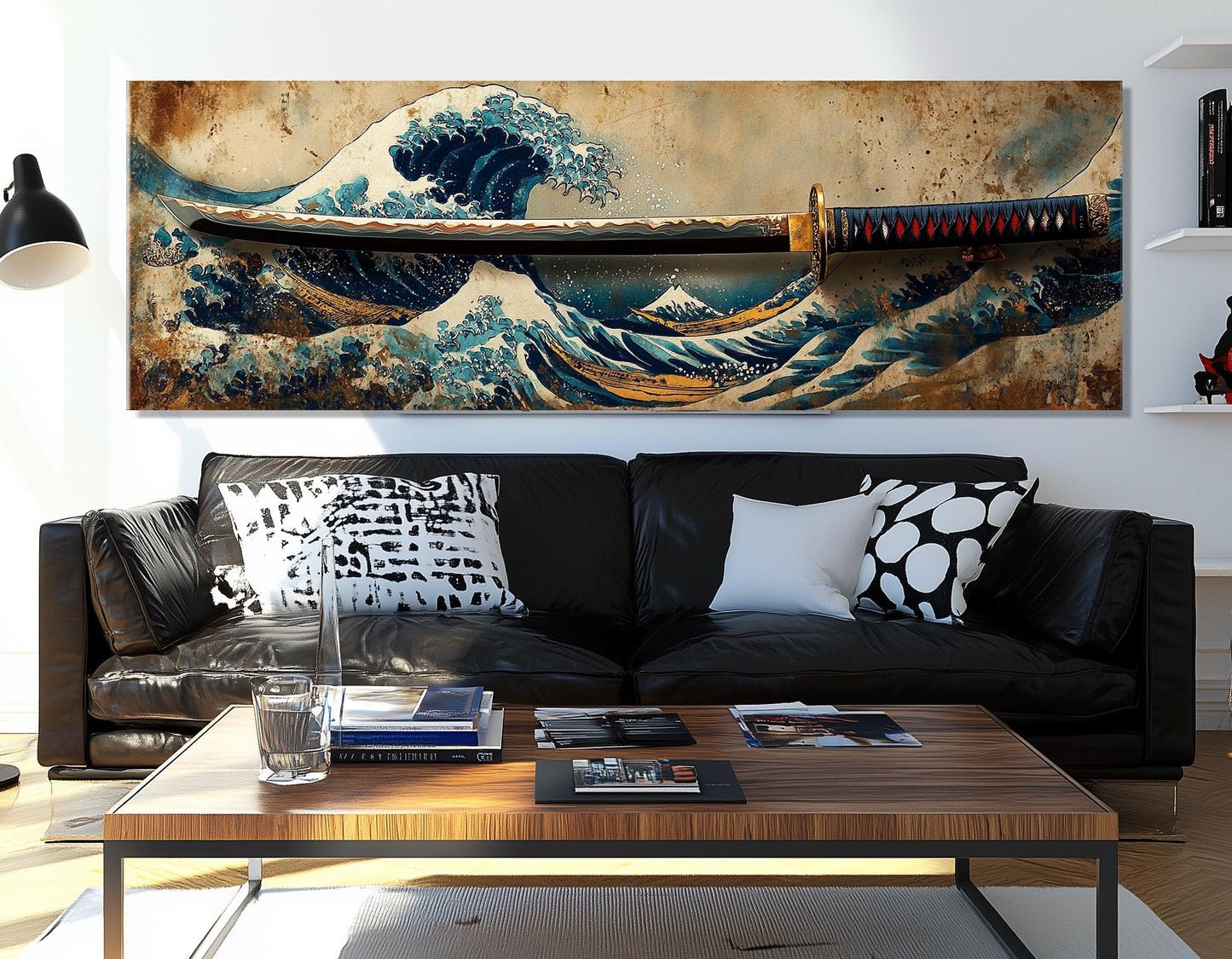 Japanese Wall Art – Samurai Sword Canvas with Great Wave Print | Framed Canvas Art Ready to Hang