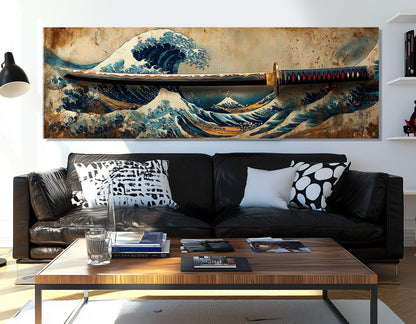 Japanese Wall Art – Samurai Sword Canvas with Great Wave Print | Framed Canvas Art Ready to Hang