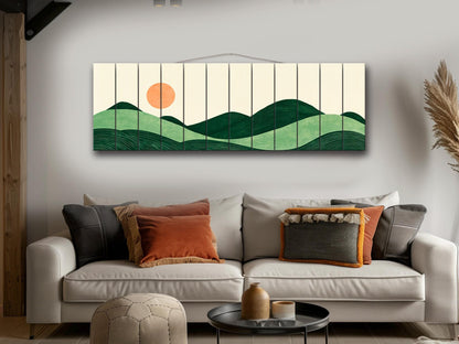 Minimalist Landscape Print on Wood, Boho Hills and Sun Wall Art