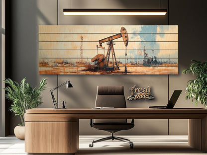 Oil Well Painting – Rustic Wood Print | UV Printed Artwork On Wood, Industrial Wall Decor