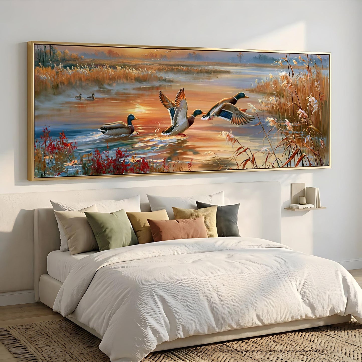 a large painting of ducks swimming in a pond, hanging on a wall above a bed with white bedding.