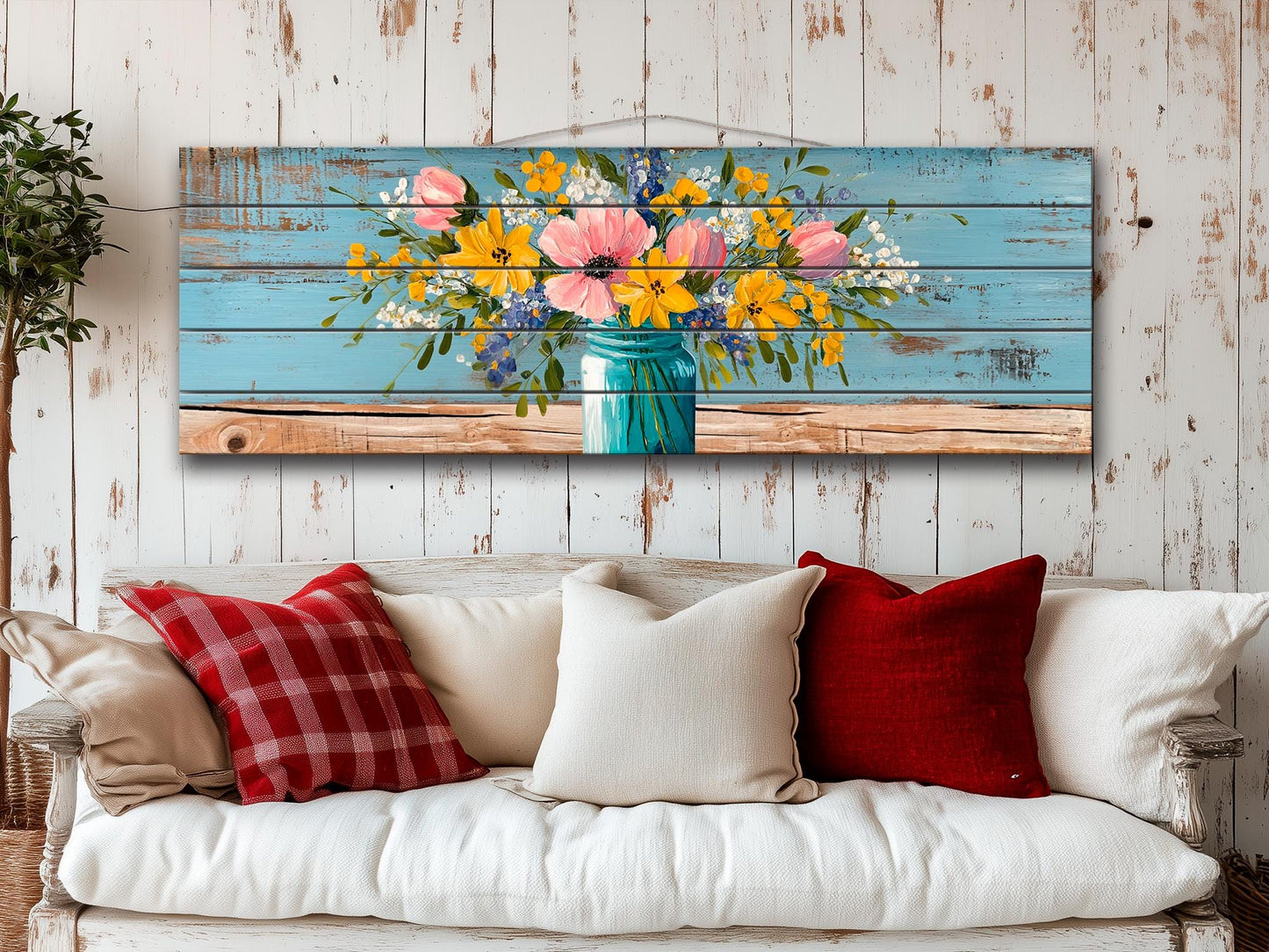 Rustic Wood Wall Art - Wildflower Bouquet Print on Wood | Floral Home Decor