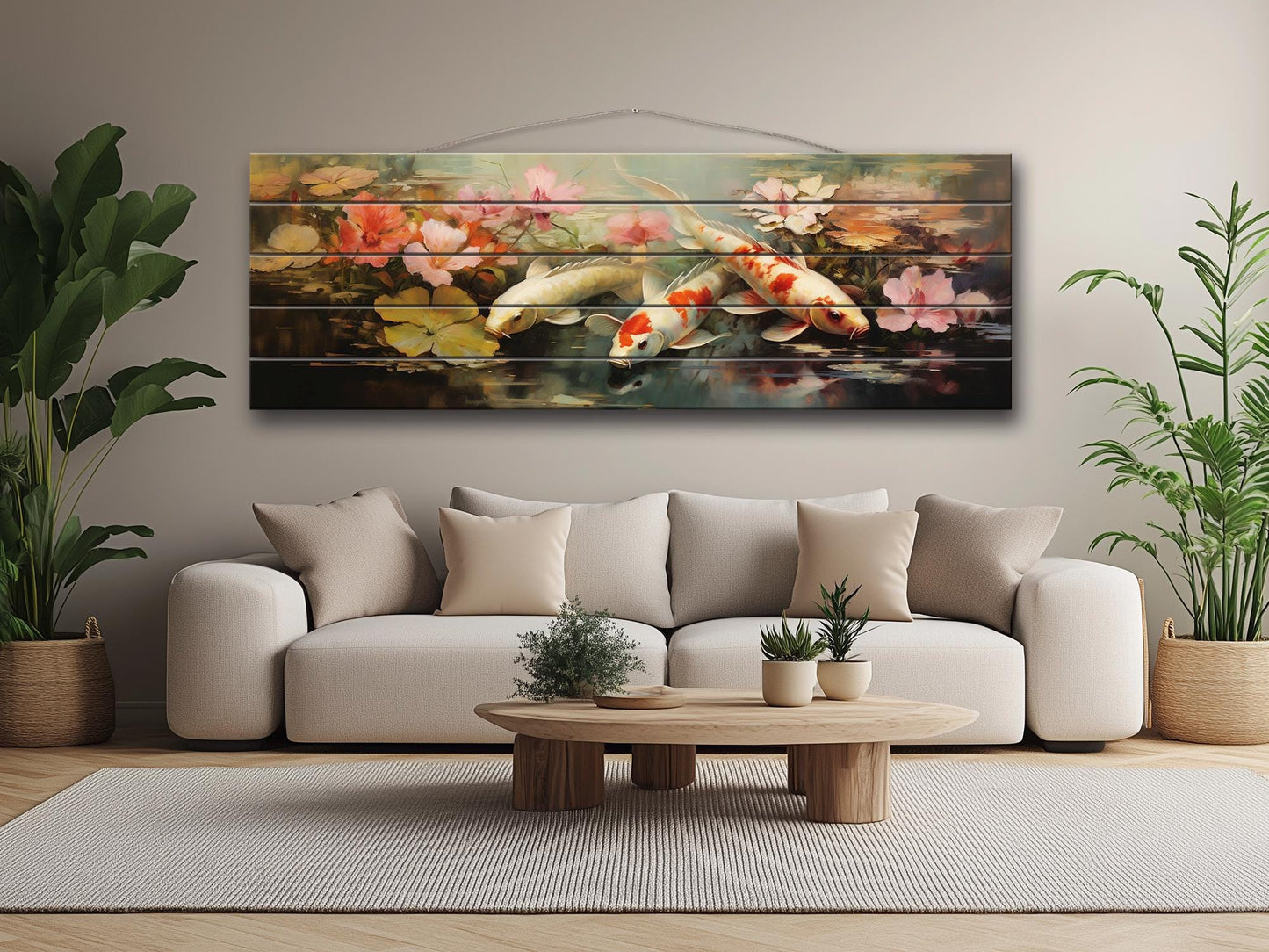 Koi Fish Wood Art | Wood Plank Art Featuring Soothing Koi Fish Painting