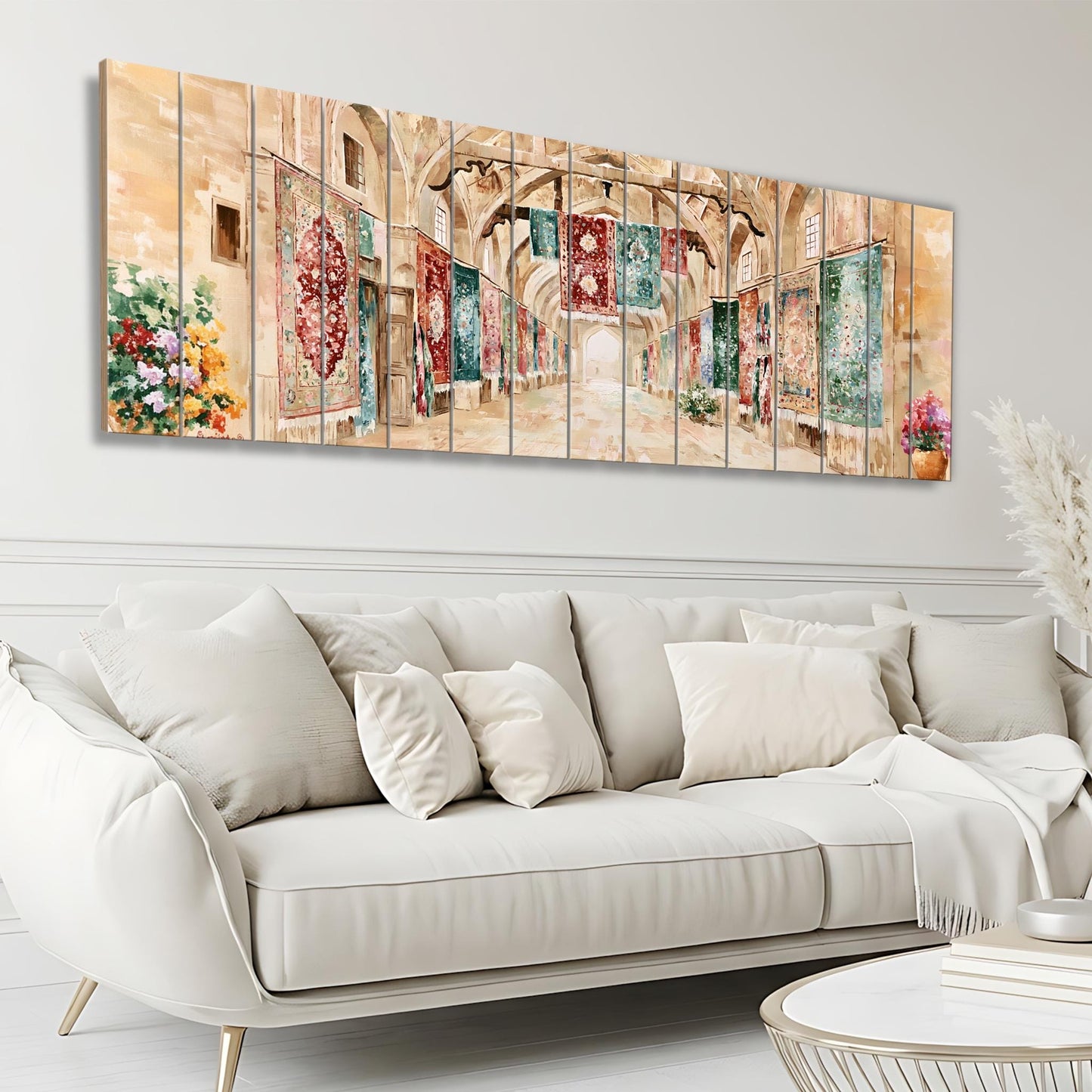 Persian Carpet Hall Canvas Print, Historic Bazaar Wall Art, Oriental Textile Market Painting, Middle Eastern Decor