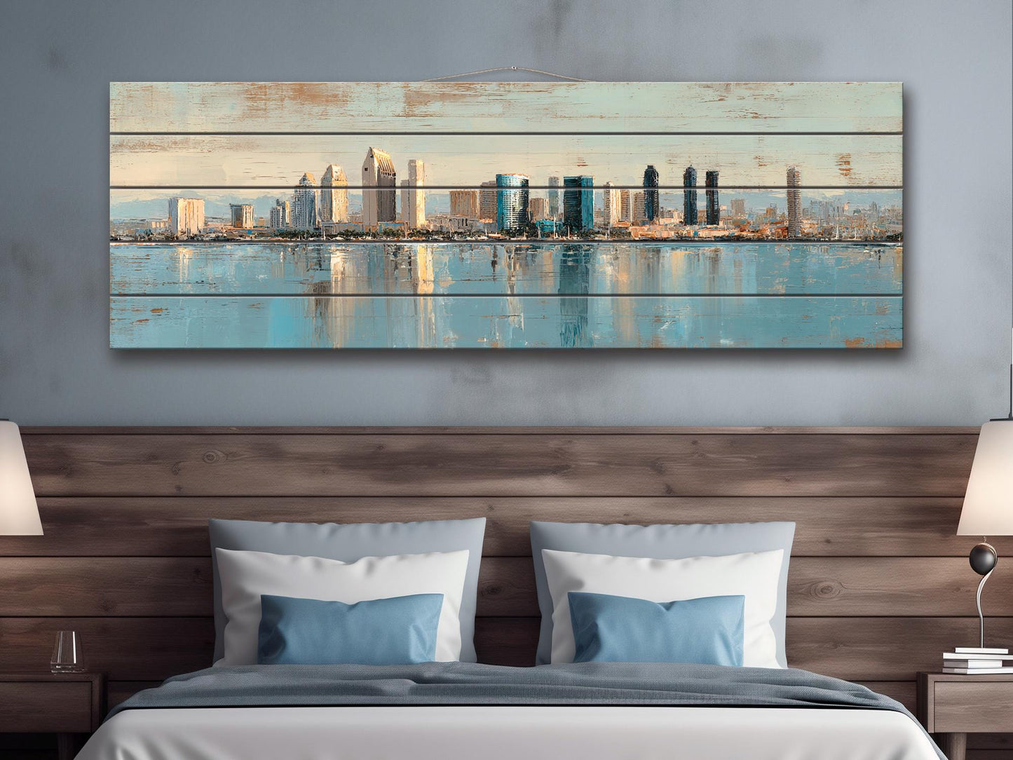 San Diego Skyline Wood Print – Rustic Wood Art | Beige Blue Wall Art, Harbor Oil Painting