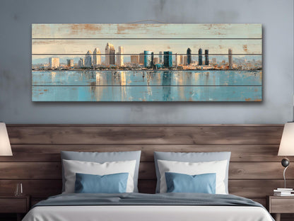 San Diego Skyline Wood Print – Rustic Wood Art | Beige Blue Wall Art, Harbor Oil Painting