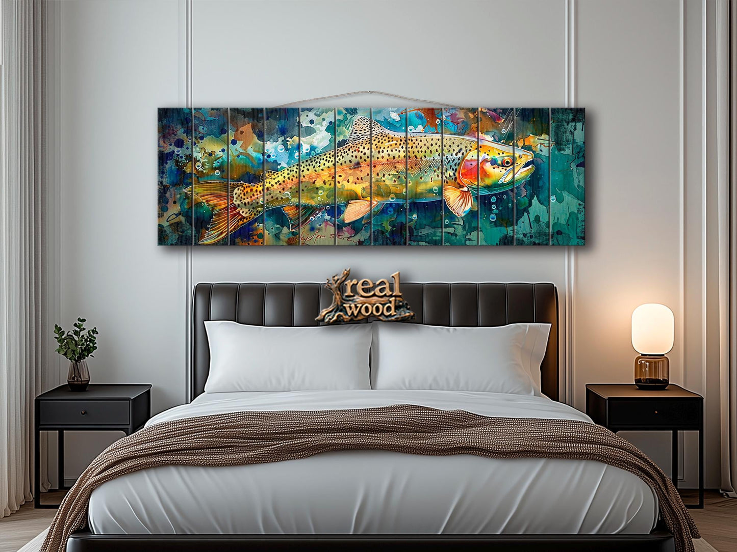 Rainbow Trout Painting Printed on Wood, Fishing Wall Art, Rustic Wood Wall Decor