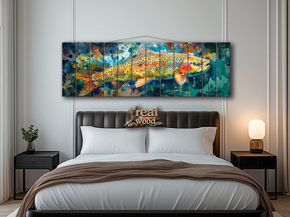 Rainbow Trout Painting Printed on Wood, Fishing Wall Art, Rustic Wood Wall Decor
