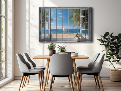 Wood Wall Art – Open Window Sea View Painting on Natural Wood Planks | Nautical Decor