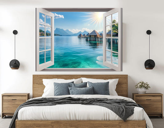 Maldives Canvas Print – Open Window View with Maldives Bungalows | Ready to Hang Framed Art