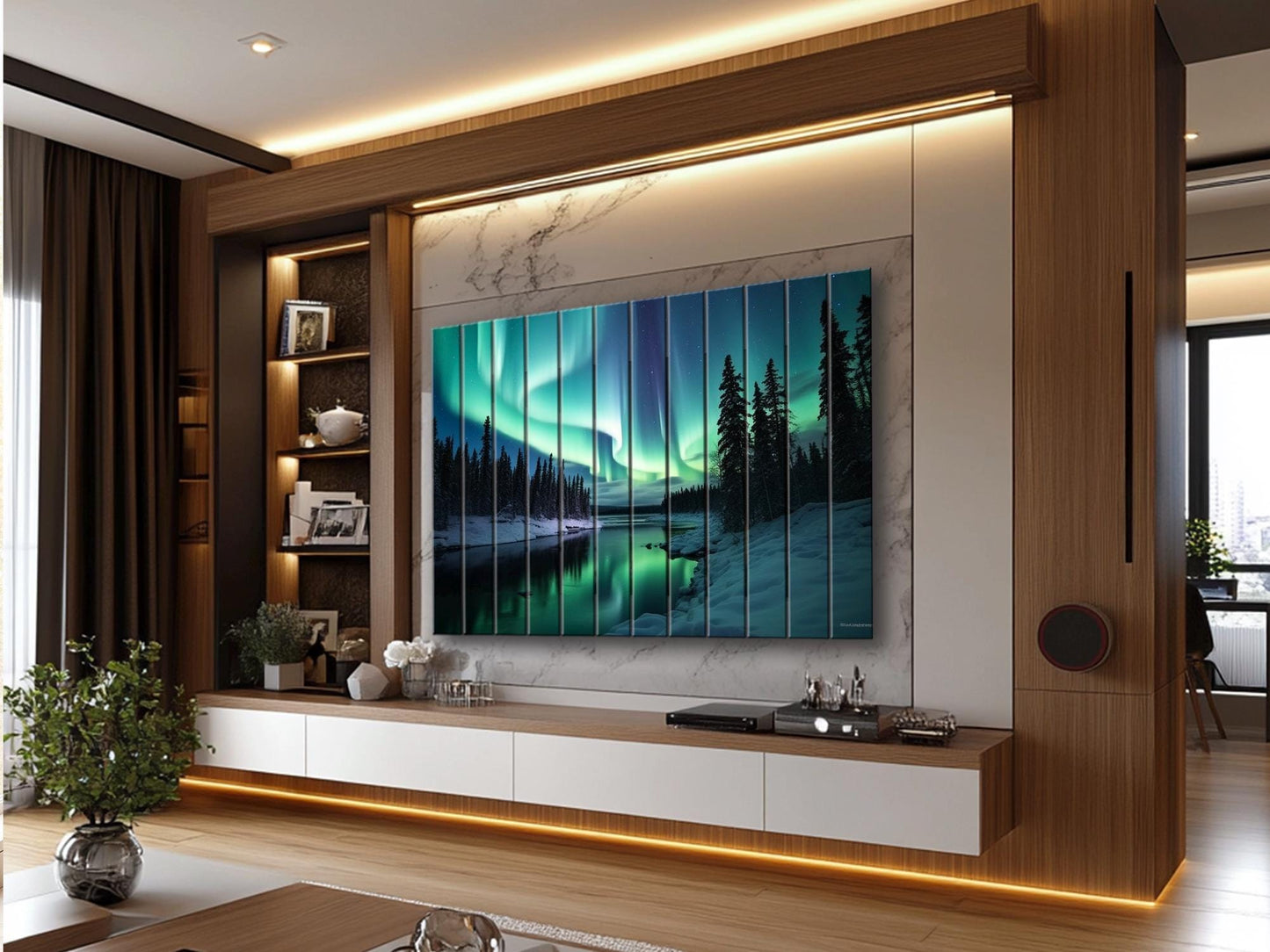 Northern Lights Wall Art – Wooden Wall Decor with Aurora Borealis Landscape