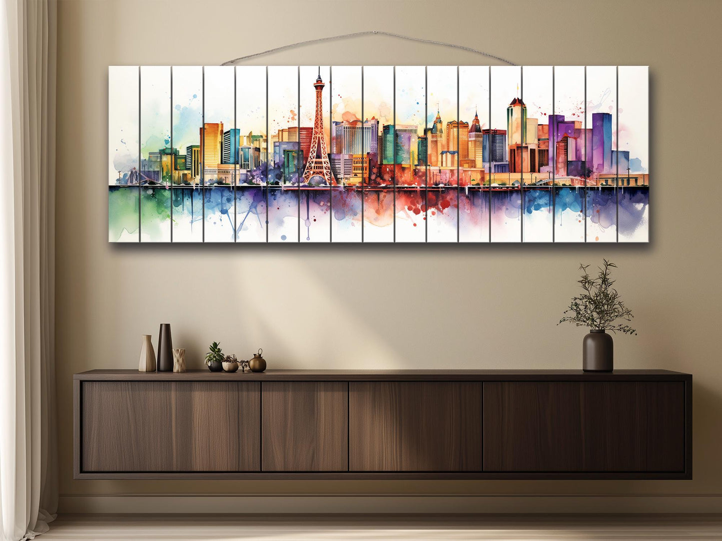 Las Vegas Wall Art – Rustic Wood Decor with Abstract Panoramic Print on Natural Wood