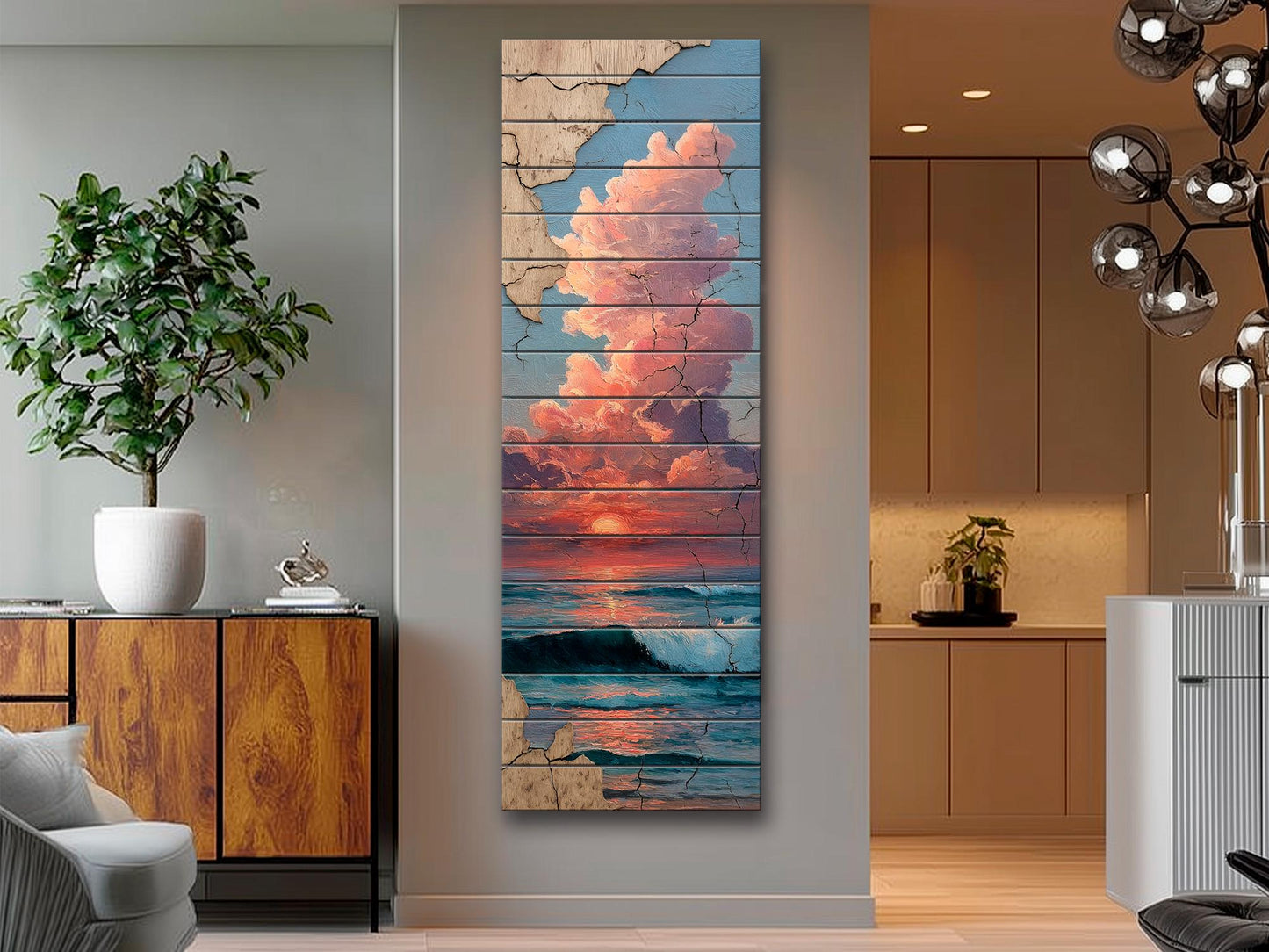 Wood Wall Art - Sunset Over Sea Printed on Wood – Coastal Horizon Wall Art – Rustic Beach Decor