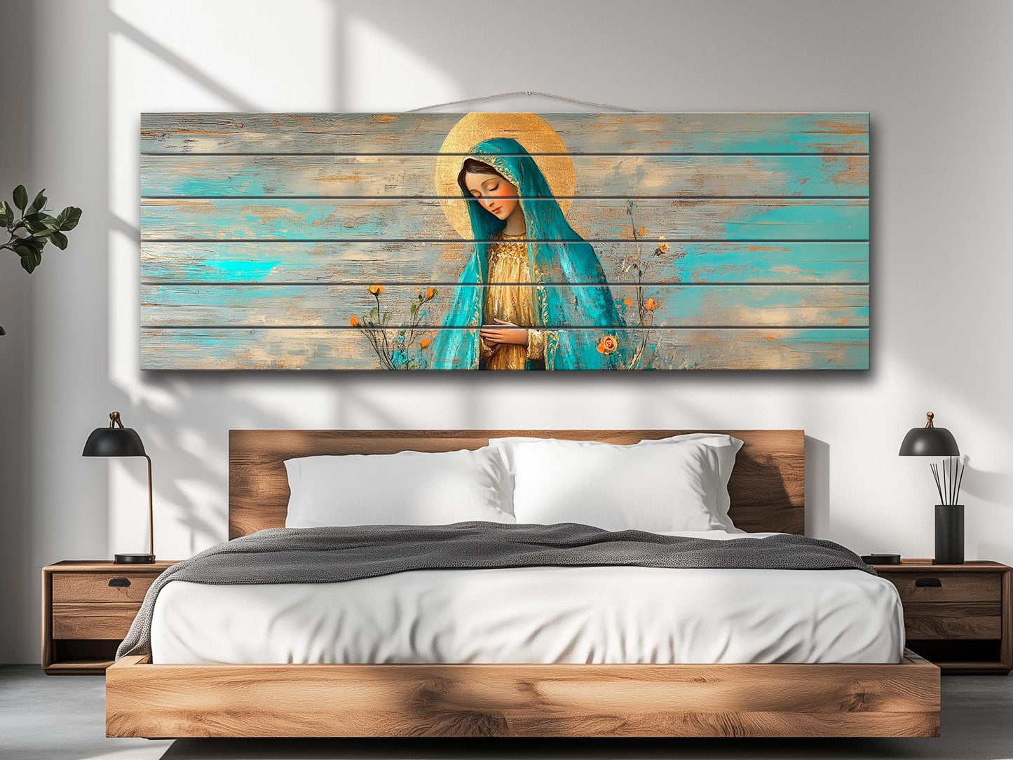 Virgin Mary Wall Art – Natural Wood Grain Art | Rustic Religious Wall Decor