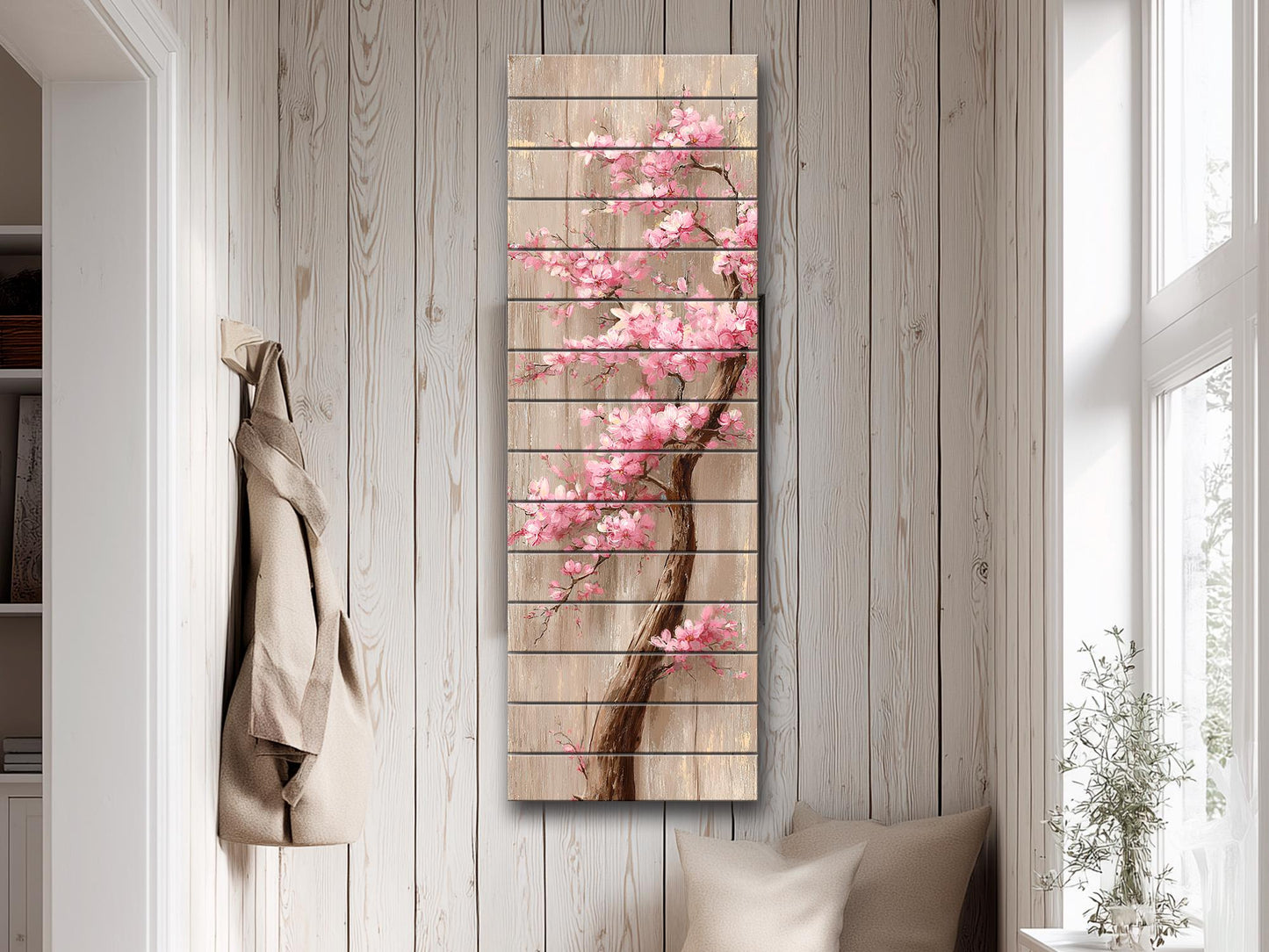 Cherry Blossom Tree with Cascading Pink Flowers Print on Natural Wood, Floral Wall Decor, Rustic Sakura Tree Painting, Floral Wall Art