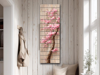 Cherry Blossom Tree with Cascading Pink Flowers Print on Natural Wood, Floral Wall Decor, Rustic Sakura Tree Painting, Floral Wall Art