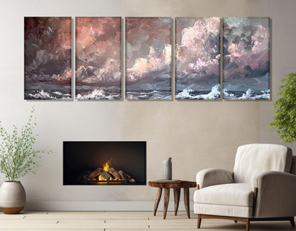 Abstract Canvas Print – Stormy Sea Art with Soft Pink Wall Decor | Ready to Hang