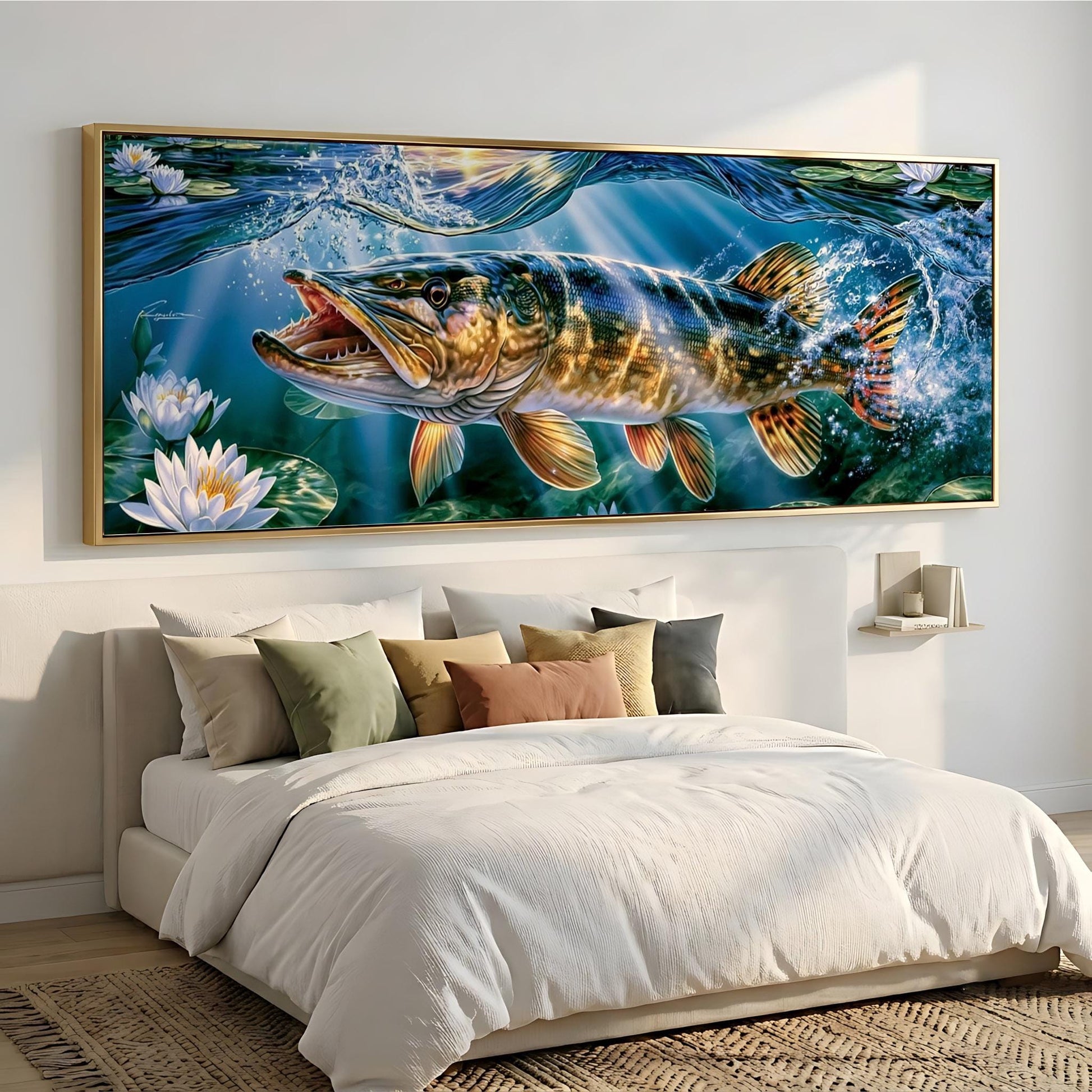 a large, colorful painting of a fish swimming underwater, hanging on a wall above a bed with white bedding.