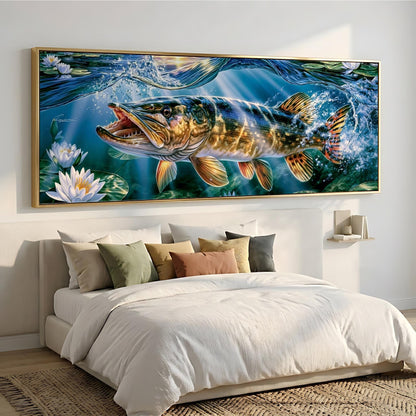 a large, colorful painting of a fish swimming underwater, hanging on a wall above a bed with white bedding.