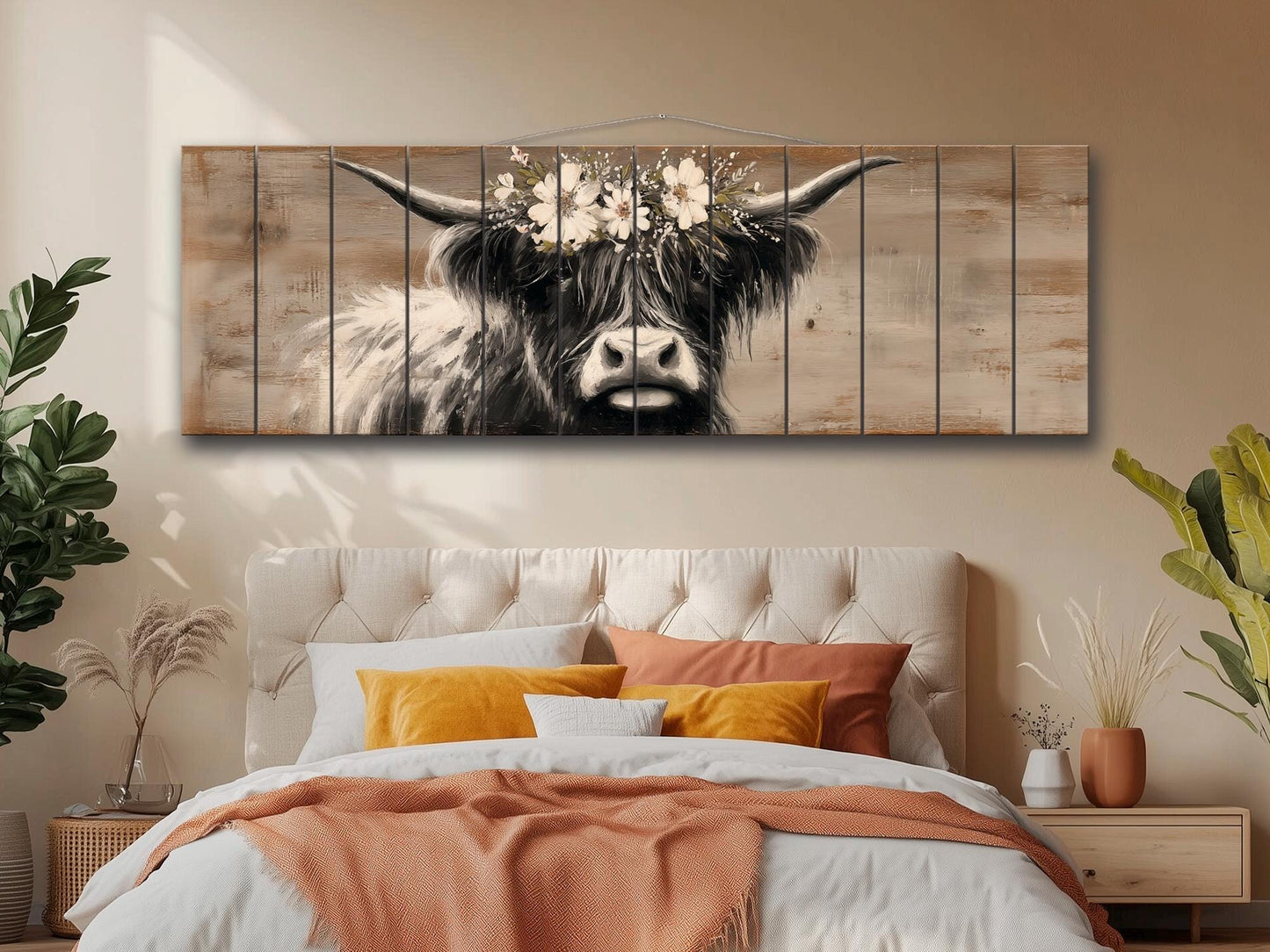 Highland Cow Wall Art – Rustic Wood Art Print | Farmhouse Wall Decor Floral Cow Print