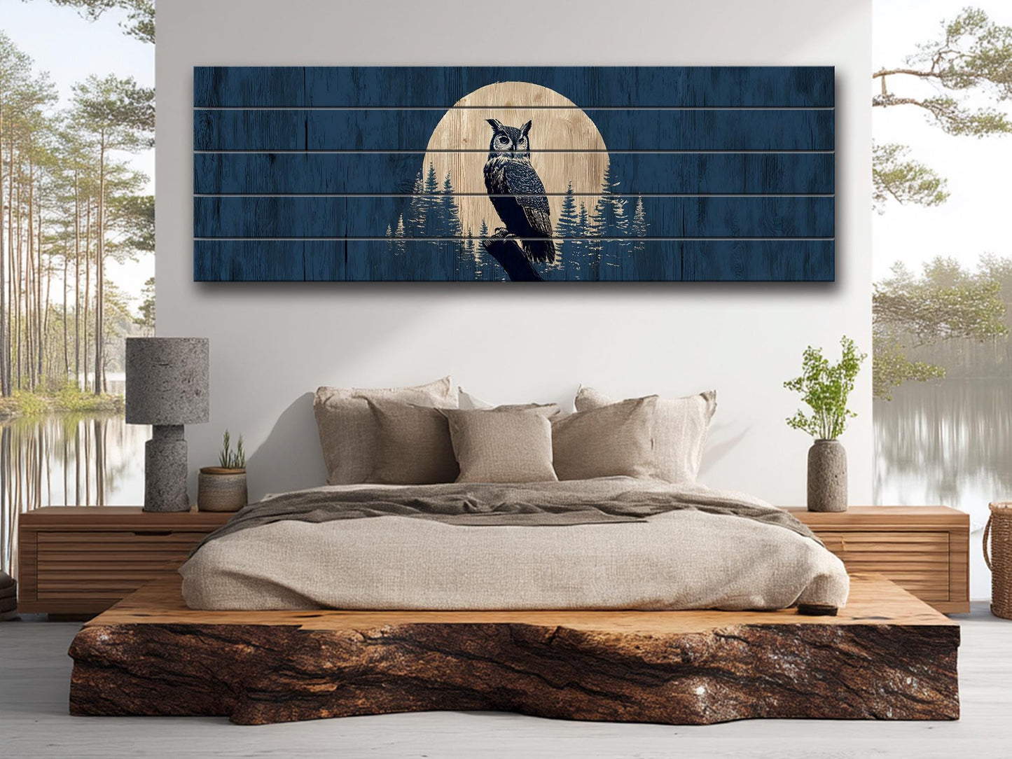 Owl Silhouette in Moonlit Forest Print on Wood, Rustic Woodland Wall Art