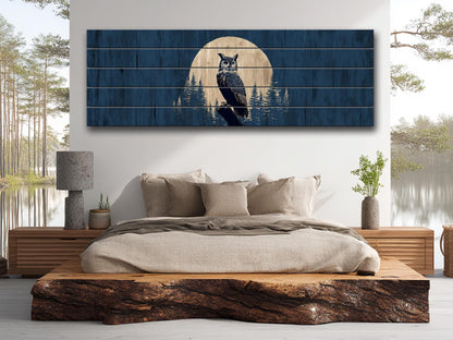 Owl Silhouette in Moonlit Forest Print on Wood, Rustic Woodland Wall Art