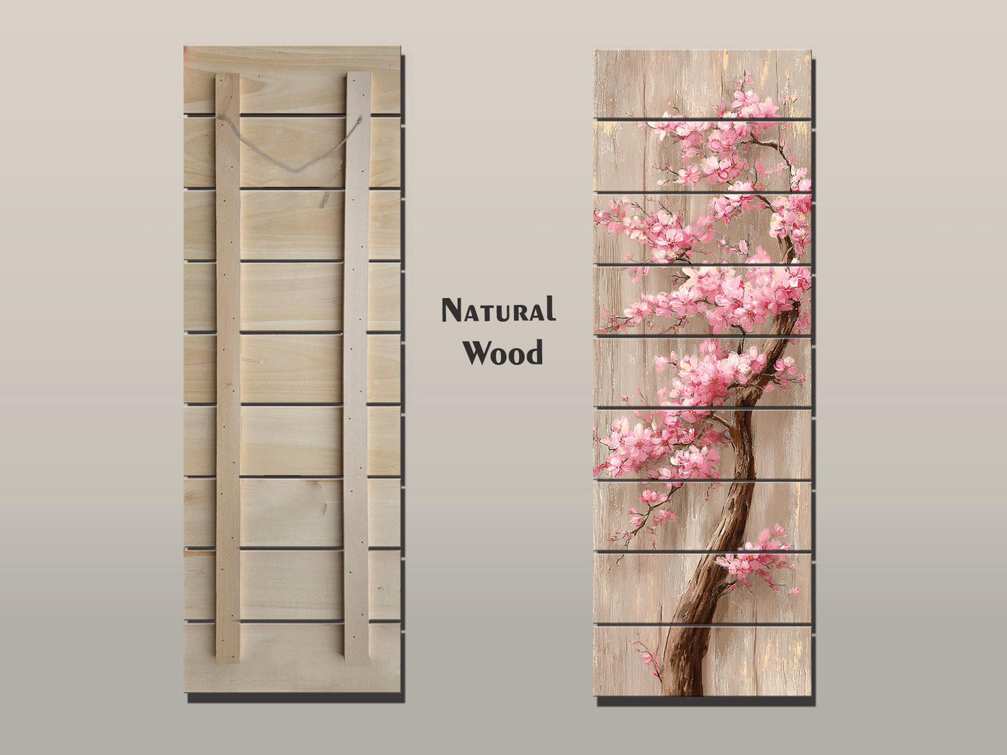 Cherry Blossom Tree with Cascading Pink Flowers Print on Natural Wood, Floral Wall Decor, Rustic Sakura Tree Painting, Floral Wall Art