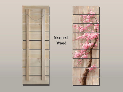 Cherry Blossom Tree with Cascading Pink Flowers Print on Natural Wood, Floral Wall Decor, Rustic Sakura Tree Painting, Floral Wall Art
