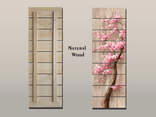Cherry Blossom Tree with Cascading Pink Flowers Print on Natural Wood, Floral Wall Decor, Rustic Sakura Tree Painting, Floral Wall Art