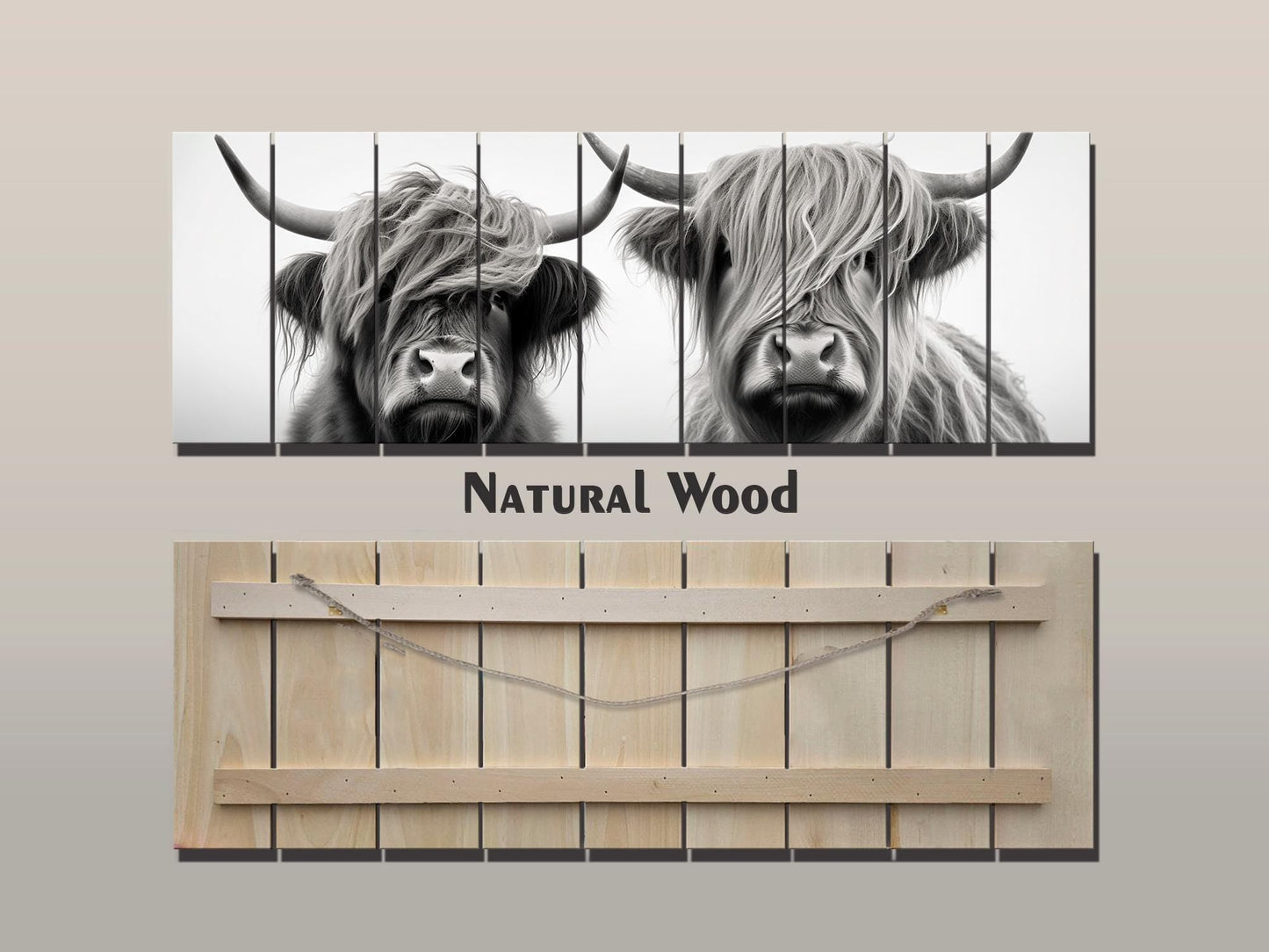 Highland Cows Wall Art - Rustic Wood Wall Decor with Romantic Cow Painting on Natural Wood