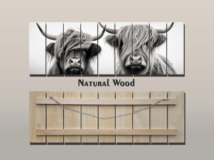 Highland Cows Wall Art - Rustic Wood Wall Decor with Romantic Cow Painting on Natural Wood