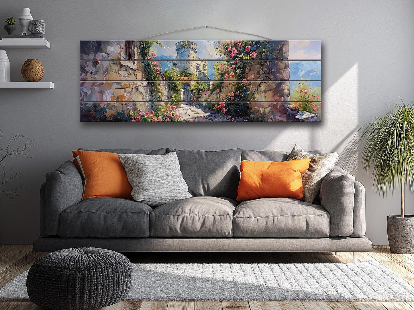 Rustic Wood Wall Art – Flower Pathway Print on Natural Wood Plank Decor