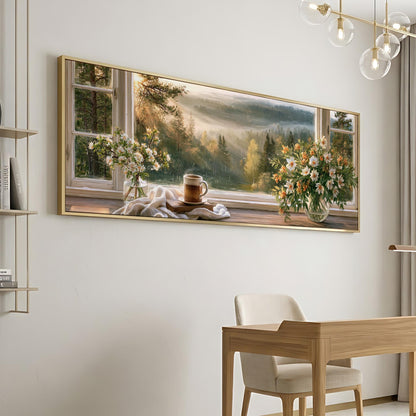 a large framed painting of a serene landscape with a vase of flowers and a cup of coffee on a windowsill, set against a backdrop of a forest and mountains.