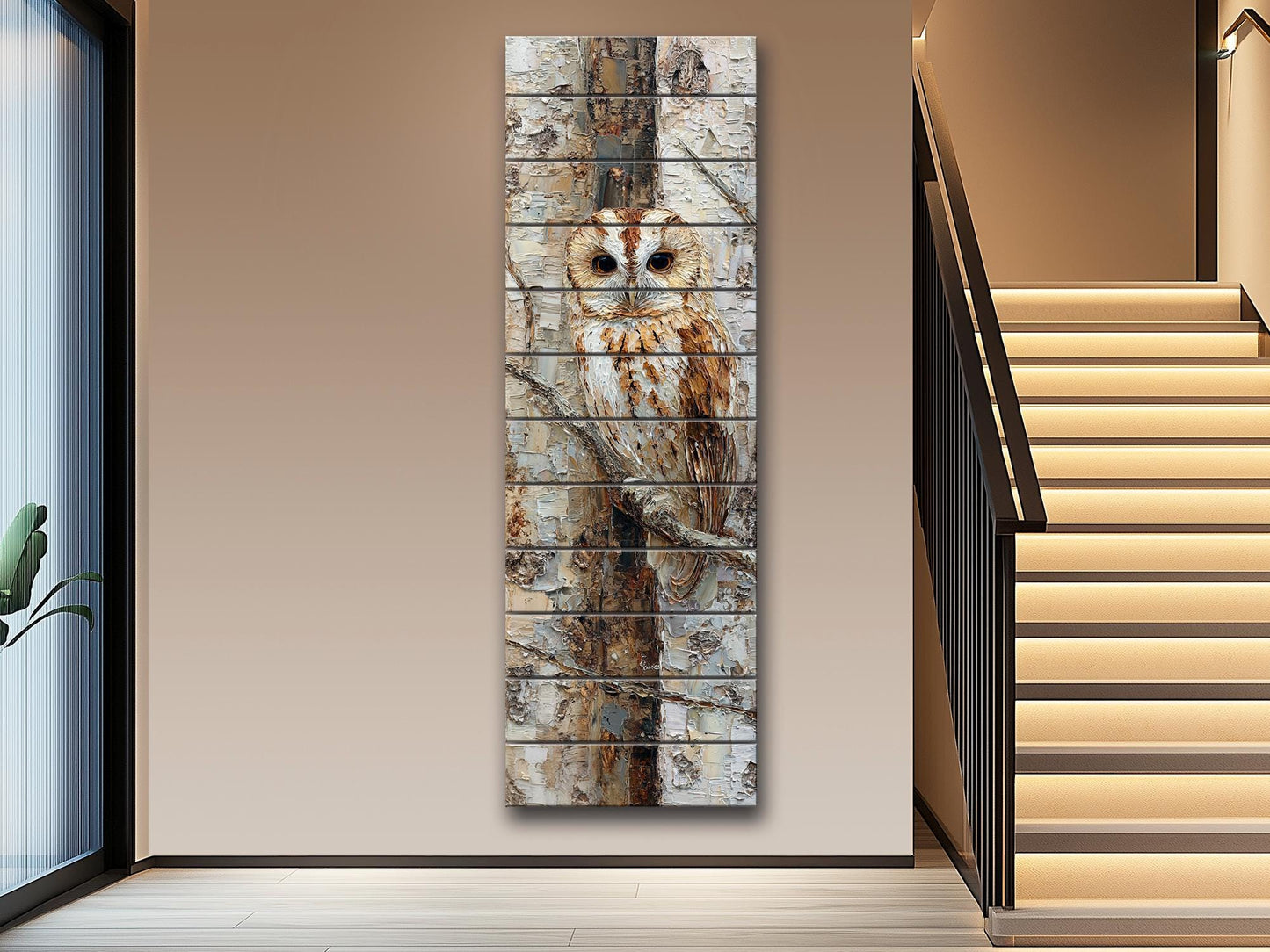 Owl Wall Art – Rustic Wood Print on Birch Bark | Textured Impasto Mixed Media Decor