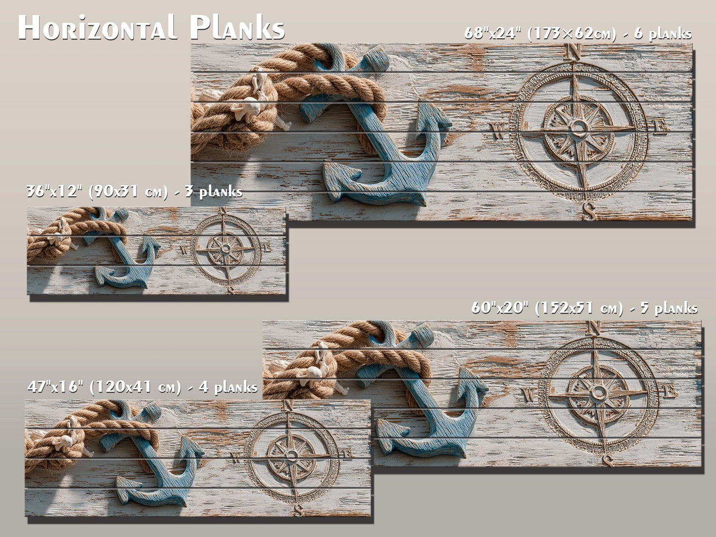 Nautical Anchor Wall Art – Rustic Coastal Wood Print With Rope Compass Design