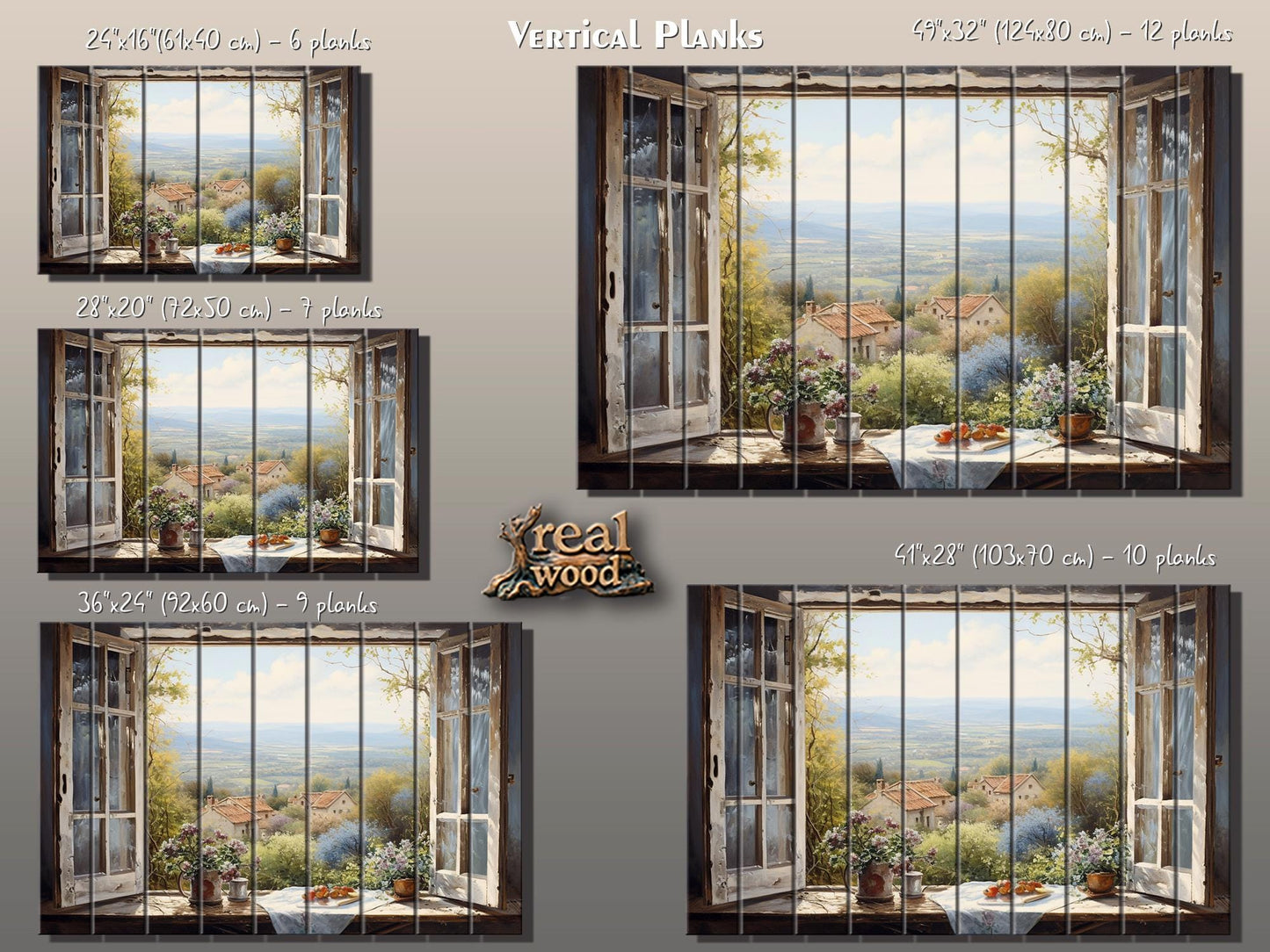 Balkan Landscape Wood Art – Rustic Natural Wood Wall Decor with Window View Painting