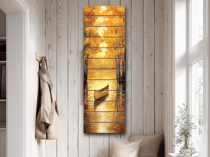 Canoe Painting Printed on Natural Wood – Golden Autumn Lake Scene – Rustic Cabin Wall Decor, Wood Wall Art