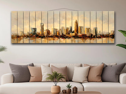 Charlotte Skyline Wood Print – Rustic Wall Art | Beige Cream Painting on Distressed Wood