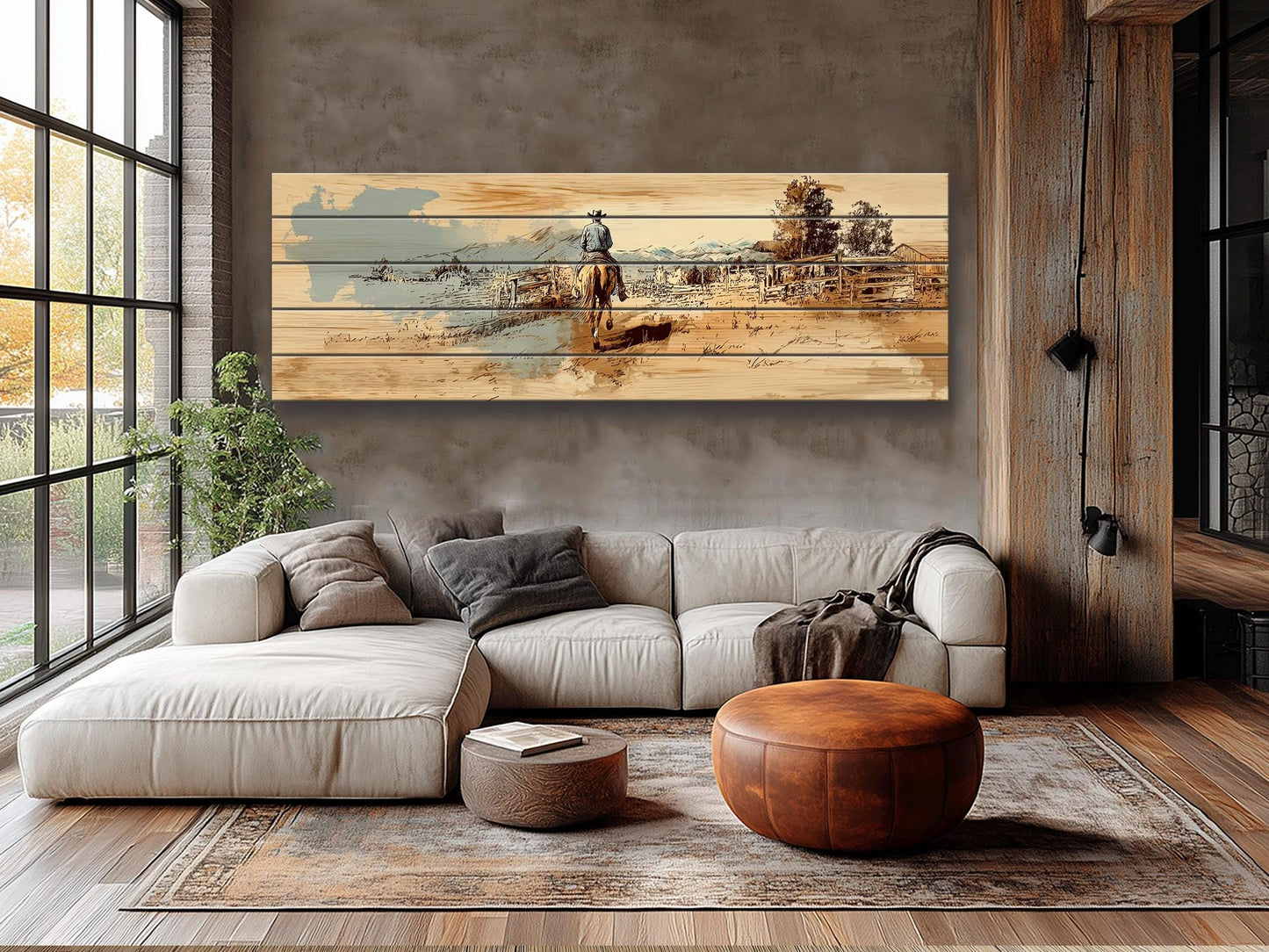 Cowboy Wall Art – Lone Rider Prairie Painting on Rustic Wood Print