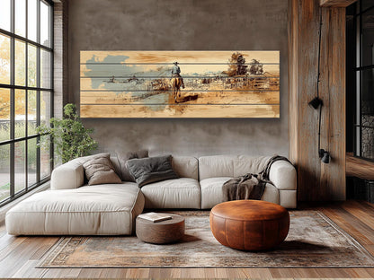 Cowboy Wall Art – Lone Rider Prairie Painting on Rustic Wood Print