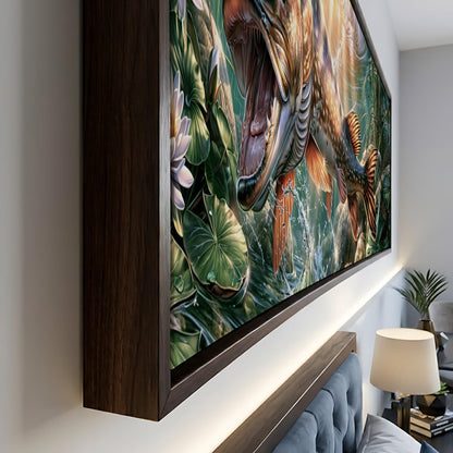 a large, framed painting depicting a fish with an open mouth, surrounded by lush foliage and water.