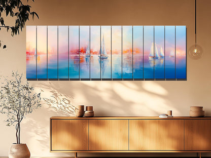 Nautical Wood Wall Art – Abstract Sailboats Painting Printed on Wood, Rustic Coastal Decor