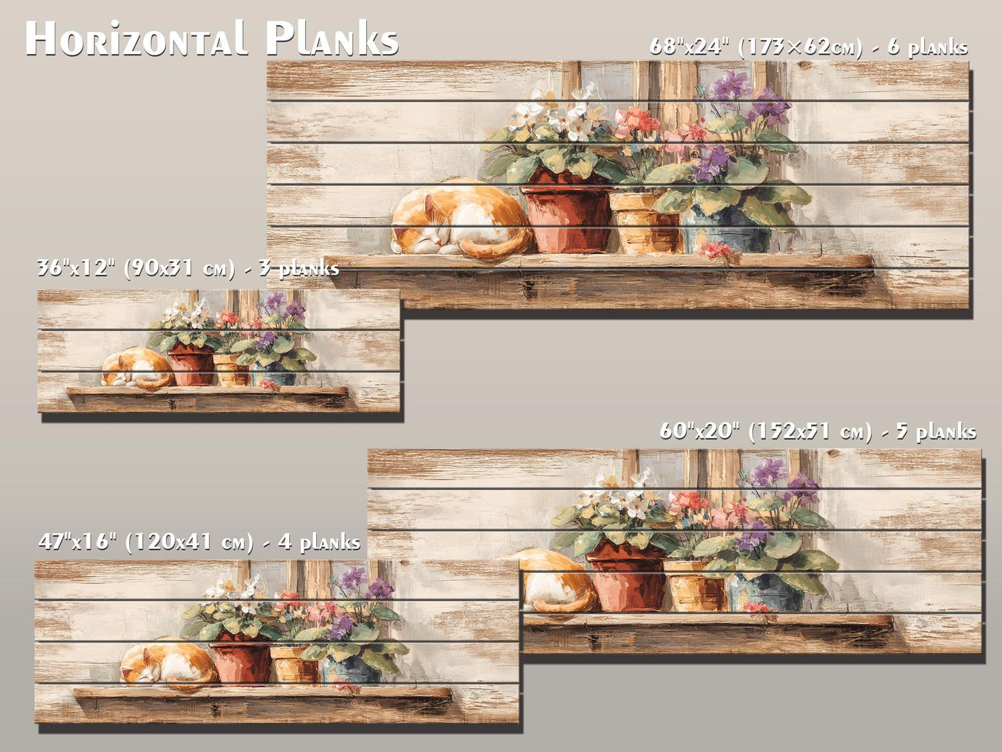Farmhouse Wall Art - Cozy Sleeping Cat Print on Natural Wood Plank Artwork