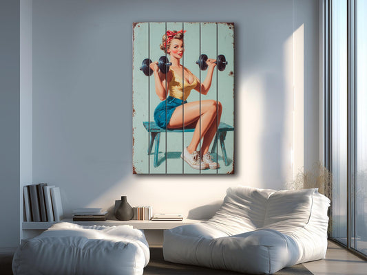 Vintage Fitness Wall Art – Retro Gym Print on Wood | Rustic Workout Decor