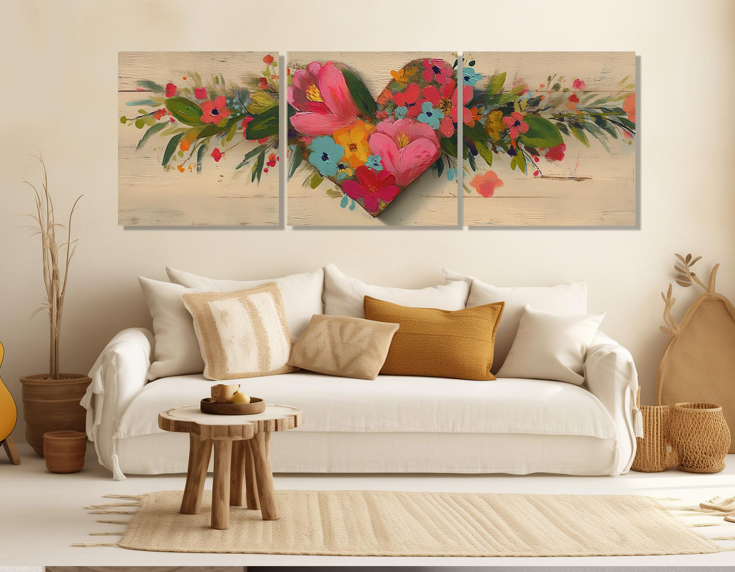 Rustic Floral Heart Canvas - Framed Gallery Wrapped Wall Art, Ready to Hang