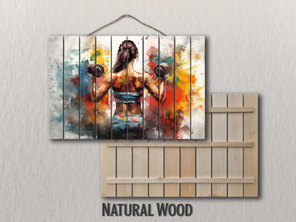 Girl with Dumbbells Painting – Wooden Gym Wall Art | Fitness Motivation Print